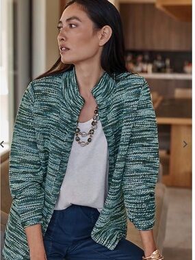 PURE JILL Space Dyed Textured Cardigan in Green